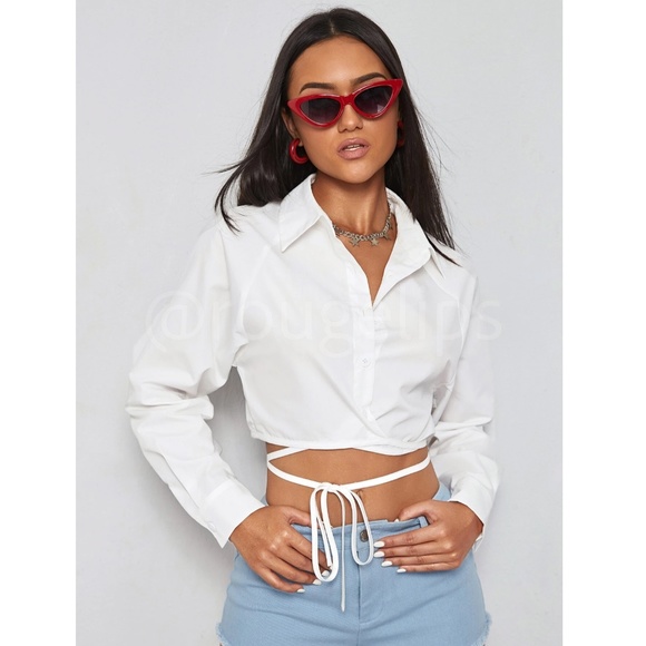 White Crop Button Up Down Was it Ties Long Sleeve Collared Shirt - Picture 6 of 7